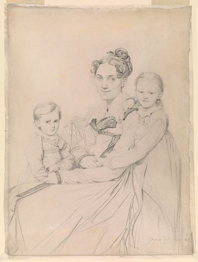 Fig. 7. This sheet was once mounted to a drawing board. Note the crease where the paper was folded around the support, the fractured edges along the crease, and the drawn lines that stop before the crease. Jean-Auguste-Dominique Ingres. Frau Reinhold and Her Daughters, Susette-Marie and Marie-Auguste-Friederike, 1815.