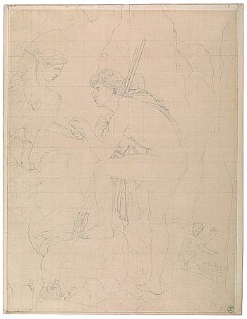Fig. 11. Ingres divided this drawing into small and large squares to facilitate transferring the image to another sheet. Jean-Auguste-Dominique Ingres. Study for Oedipus and the Sphinx, 1808.