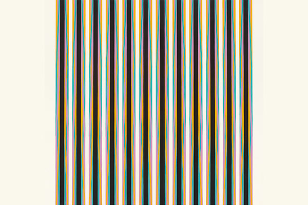 Geometric vetical lines in burgundy, pink, orange, and teal on off white paper.