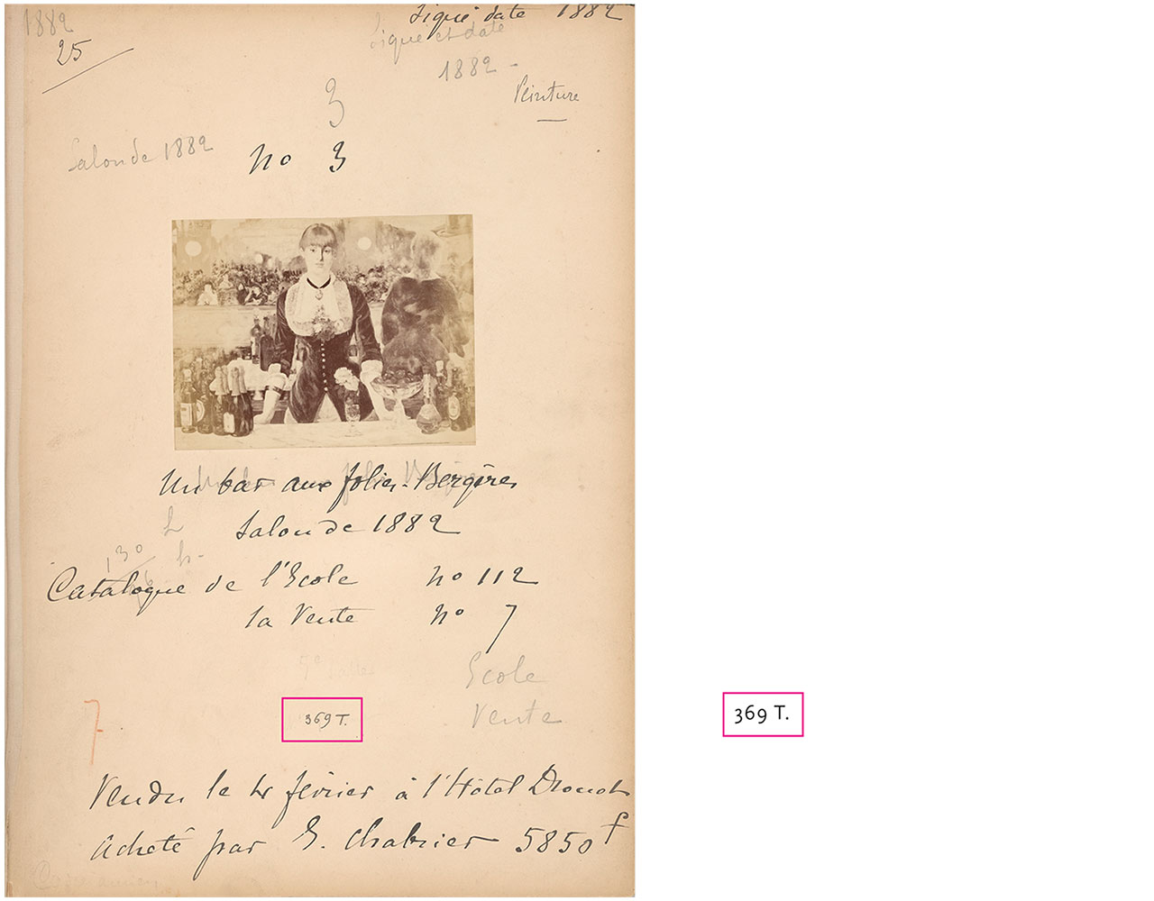 Album page with sepia photograph of Manet's painting with hand-written text above and below.