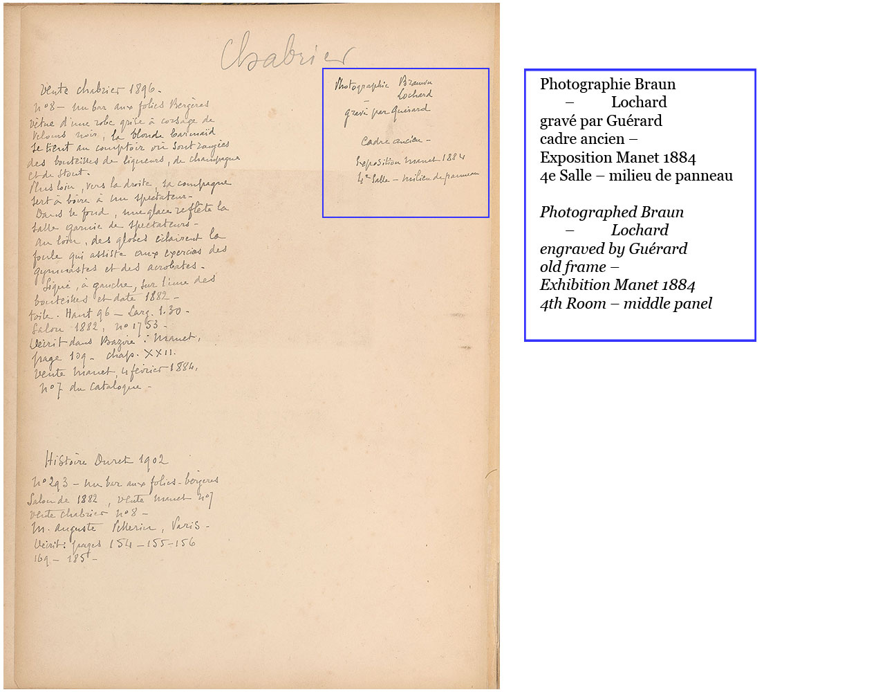 Album page with sepia photograph of Manet's painting with hand-written text above and below.