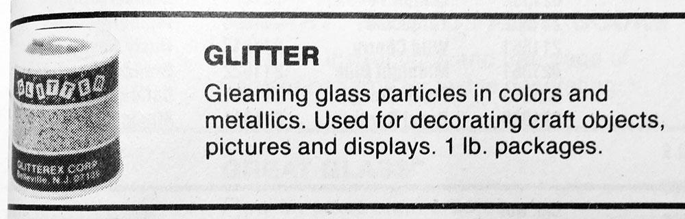Black-and-white image of glitter package with text that says 