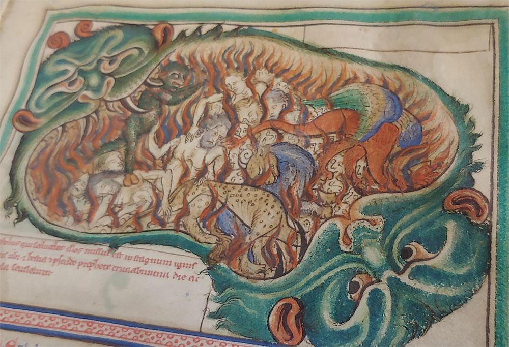 depiction of a hellmouth in a thirteenth-century English apocalypse, in an exquisite hand-drawing technique typical of English Gothic Art.