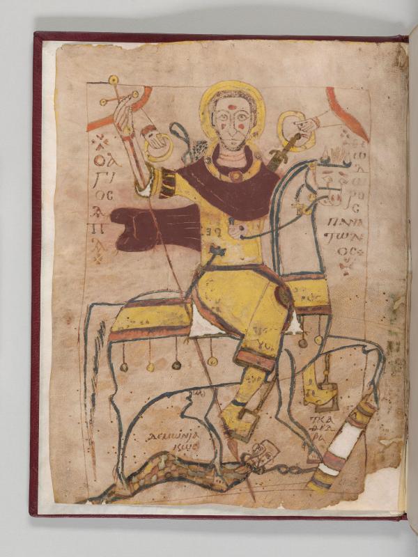 Figure in burgundy and yellow robe.