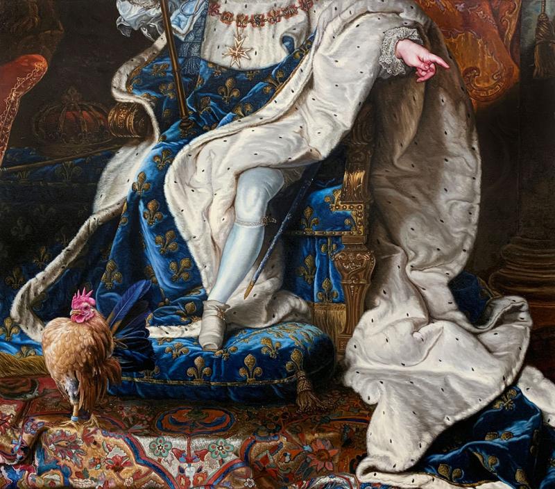 Painting of a rooster at te feet of a man sittign on a throne.