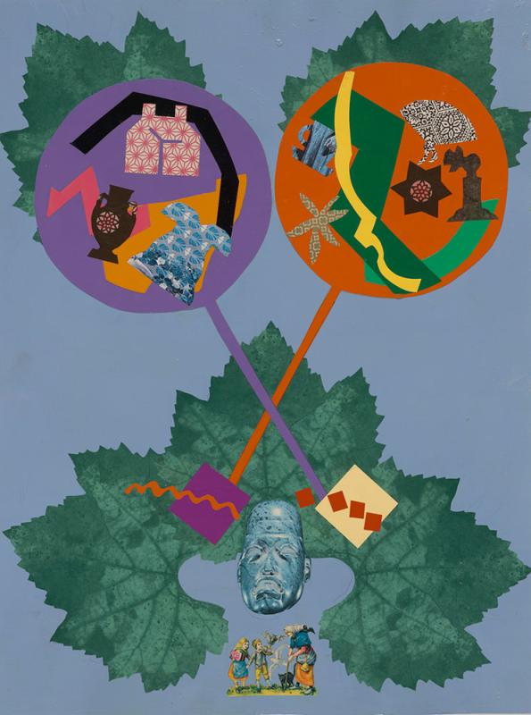 Collage of green leaves and other items on a light blue solid background.