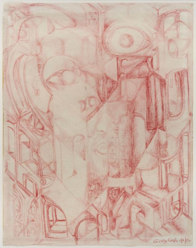 Architectural biomorphic structuresdrawin in red pencil.
