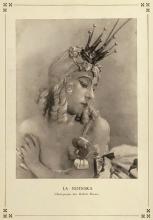 Sepia tone photograph of a woman's head and shoulders. Her hair, or wig is blonde and she is wearing a small crown prop.